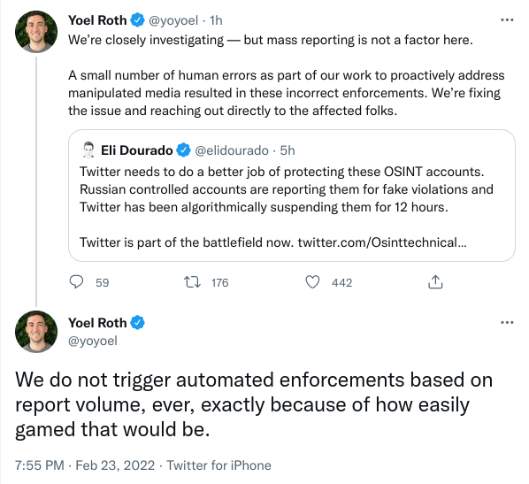Η απάντηση του Yoel Roth στο Twitter για τις αναφορές ότι λογαριασμοί OSINT κλείνουν