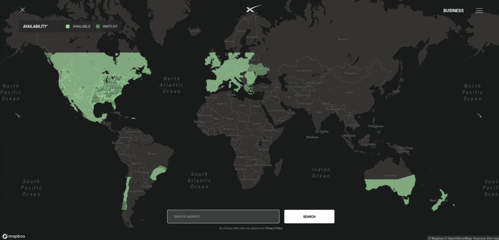 Χάρτης διαθεσιμότητας για το δορυφορικό Διαδίκτυο Starlink της SpaceX, που δείχνει ποιες χώρες διαθέτουν την υπηρεσία, καθώς και περιοχές που έχουν πελάτες στη λίστα αναμονής. Εικόνα: SpaceX (screenshot, ημερομηνία 29 Απριλίου 2022).
