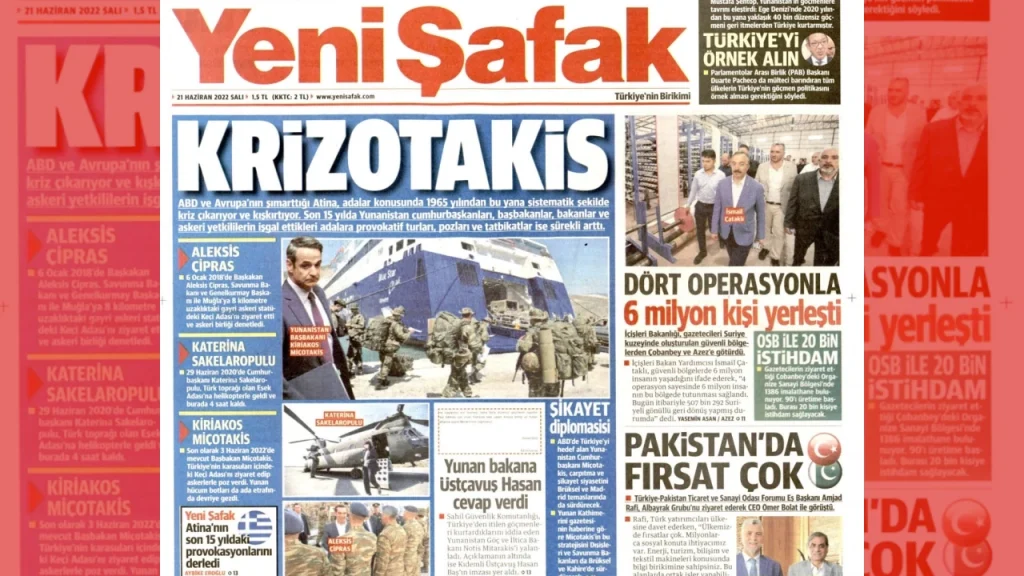 Τουρκία: Το πρωτοσέλιδο της τουρκικής εφημερίδας Γιενί Σαφάκ με το "Κρισοτάκης". Εικόνα: Yeni Safak (επεξεργασμένη)