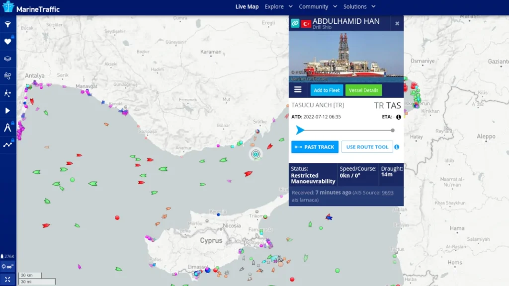 Το τουρκικό γεωτρύπανο Αμπντουλχαμίτ Χαν στην Ανατολική Μεσόγειο στις 30/31 Ιουλίου 2022. Εικόνα (screenshot) marinetraffic.com