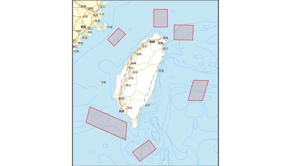 Οι 6 περιοχές ασκήσεων της Κίνας περιμετρικά της Ταϊβάν. Εικόνα (screenshot) Κινεζικό ΥΠΑΜ mod.gov.cn