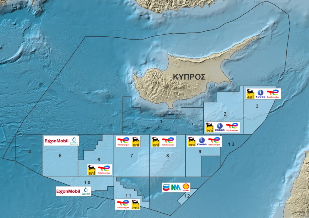 Άδειες Έρευνας Υδρογονανθράκων στα 12 τεμάχια (οικόπεδα) της Κύπρου. Εικόνα: Υπηρεσία Υδρογονανθράκων, Υπουργείο Ενέργειας, Εμπορίου και Βιομηχανίας της Κυπριακής Δημοκρατίας