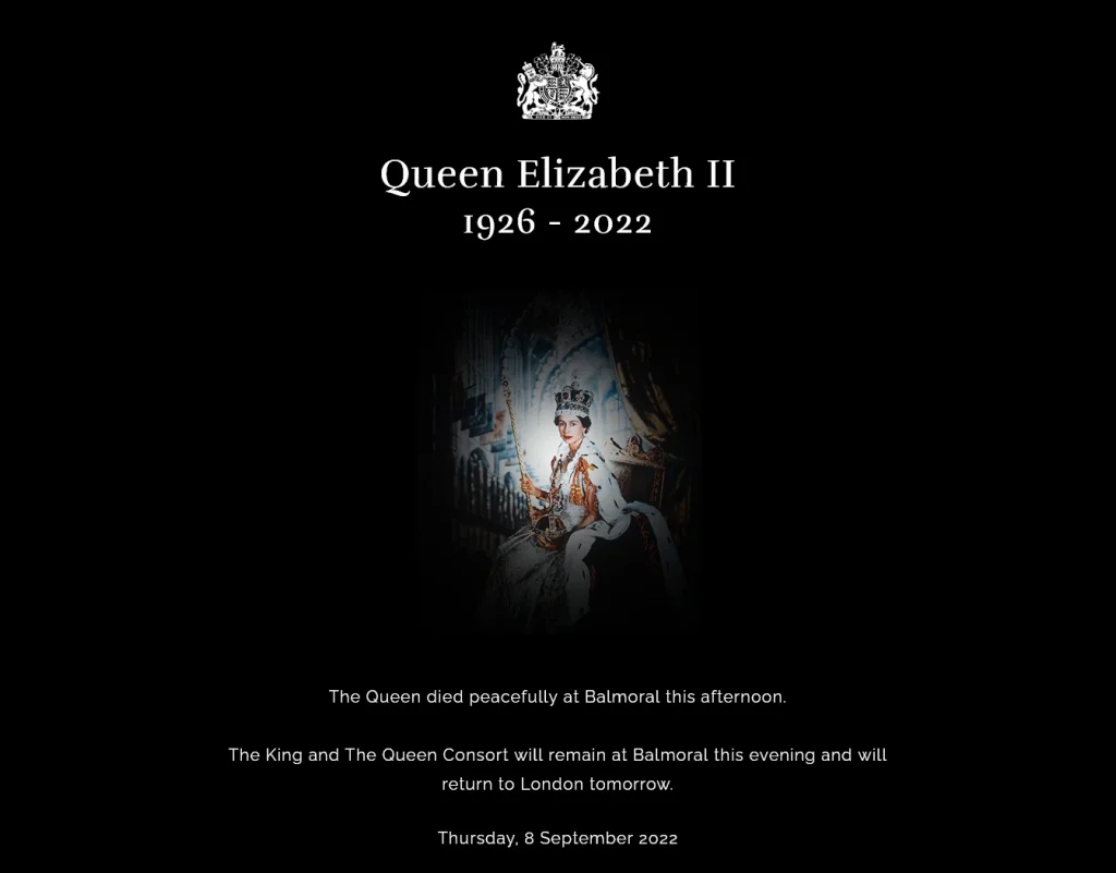 Η βασίλισσα Ελισάβετ Β' πέθανε. Η ανακοίνωση από τα Ανάκτορα του Μπάκιγχαμ. Εικόνα (screenshot): www.royal.uk