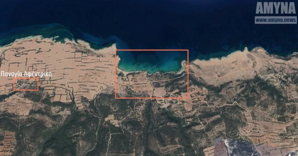 Χάρτης με την περιοχή που θα δημιουργηθεί η ναυτική βάση στο Ριζοκάρπασο. Πηγή: Google Earth (επεξεργασμένη εικόνα)