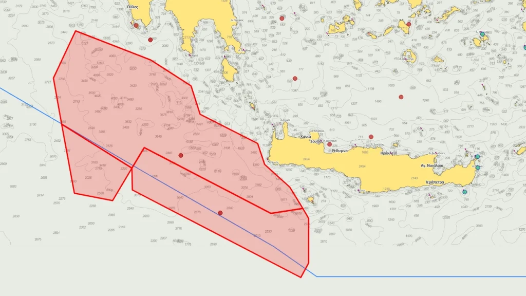 Η περιοχή των σεισμικών ερευνών δυτικά και νοτιοδυτικά της Κρήτης όπως αποτυπώνονται σε χάρτη με τις NAVTEX που έχουν εκδοθεί από Ελλάδα και Μάλτα μέχρι τις 26 Νοεμβρίου 2022