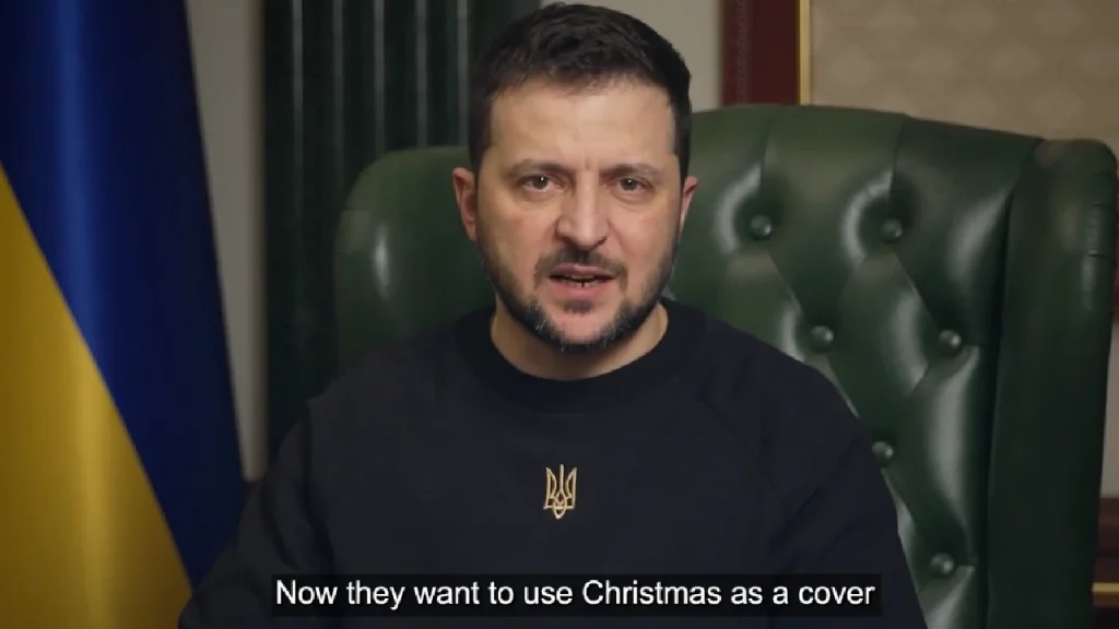 "Τώρα θέλουν να χρησιμοποιήσουν τα Χριστούγεννα ως κάλυψη...", είπε ο Πρόεδρος της Ουκρανίας Βολοντίμιρ Ζελένσκι. Εικόνα (screenshot): Βίντεο ομιλίας 