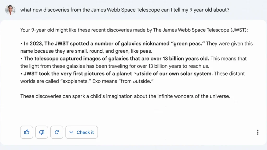 Χρησιμοποιήστε το Bard για να απλοποιήσετε πολύπλοκα θέματα, όπως να εξηγήσετε νέες ανακαλύψεις από το διαστημικό τηλεσκόπιο James Webb της NASA σε ένα παιδί 9 ετών. Εικόνα: Google