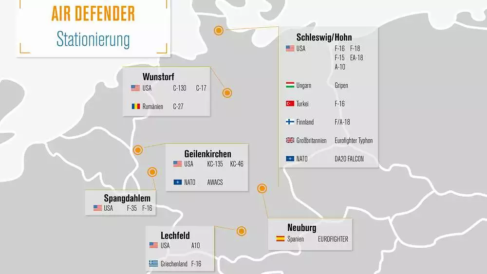 Οι χώρες που συμμετέχουν στην Air Defender 23 με τους τύπους μαχητικών αεροσκαφών και τα αεροδρόμια που θα σταθμεύουν. Εικόνα: Bundeswehr