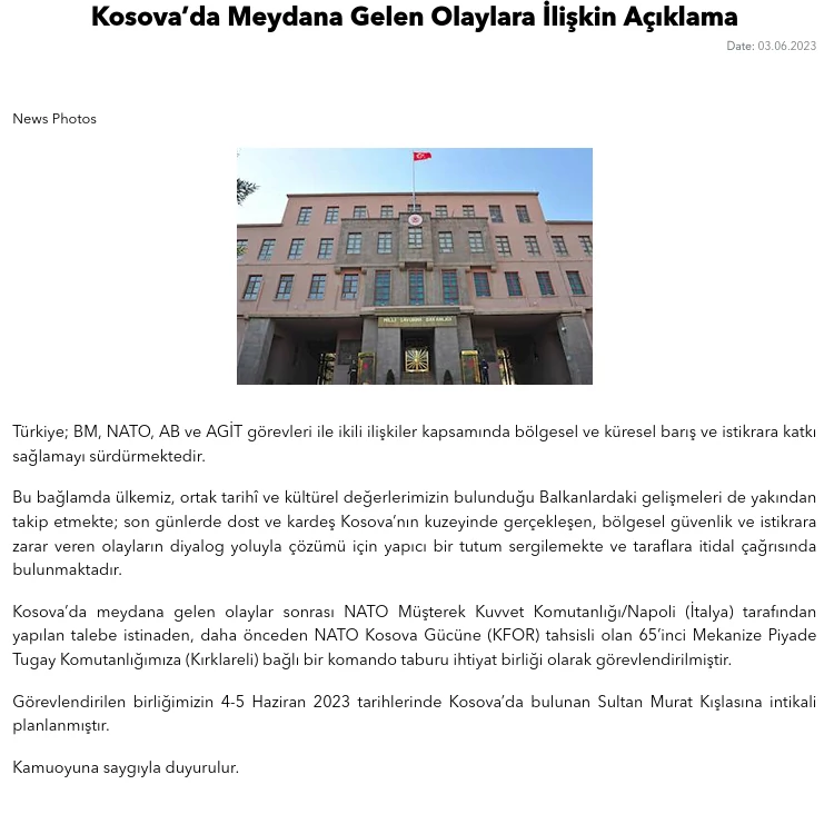 Ανακοίνωση από το υπουργείο Άμυνας της Τουρκίας για την αποστολή ενός Τάγματος Καταδρομών στο Κόσοβο