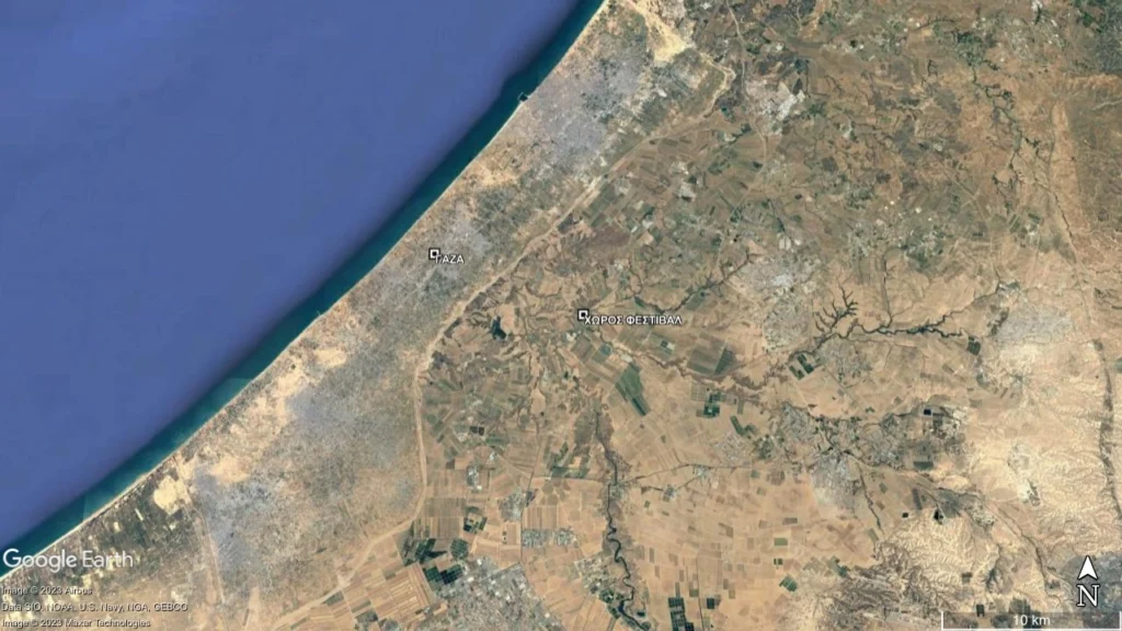 Χάρτης με την περιοχή που έγινε το φεστιβάλ μουσική στο Ισραήλ. Εικόνα: Google Earth