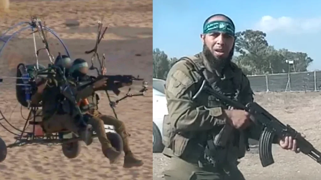 Αριστερά, ένοπλοι της Χαμάς διεισδύουν στο Ισραήλ με μηχανοκίνητο αλεξίπτωτο πλαγιάς. Δεξιά, ένοπλος της Χαμάς στον χώρο της σφαγής.