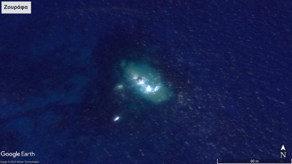 Η βραχονησίδα Ζουράφα ή αλλιώς Λαδοξέρα. Εικόνα: Google Earth