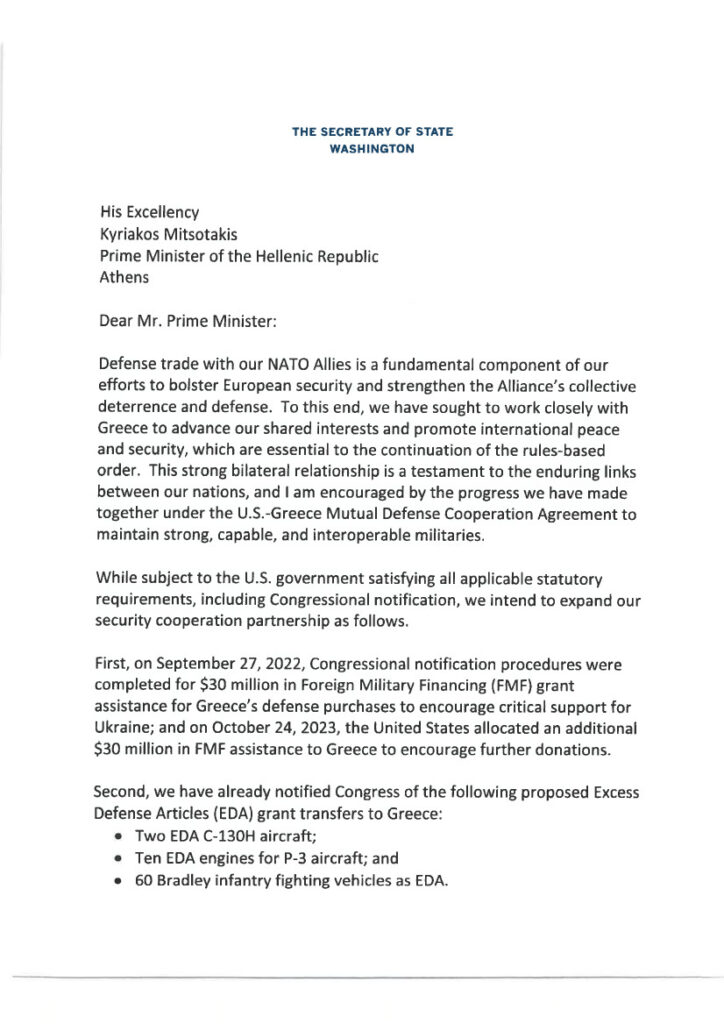 Επιστολή του Υπουργού Εξωτερικών των ΗΠΑ Antony Blinken προς τον Πρωθυπουργό Κυριάκο Μητσοτάκη